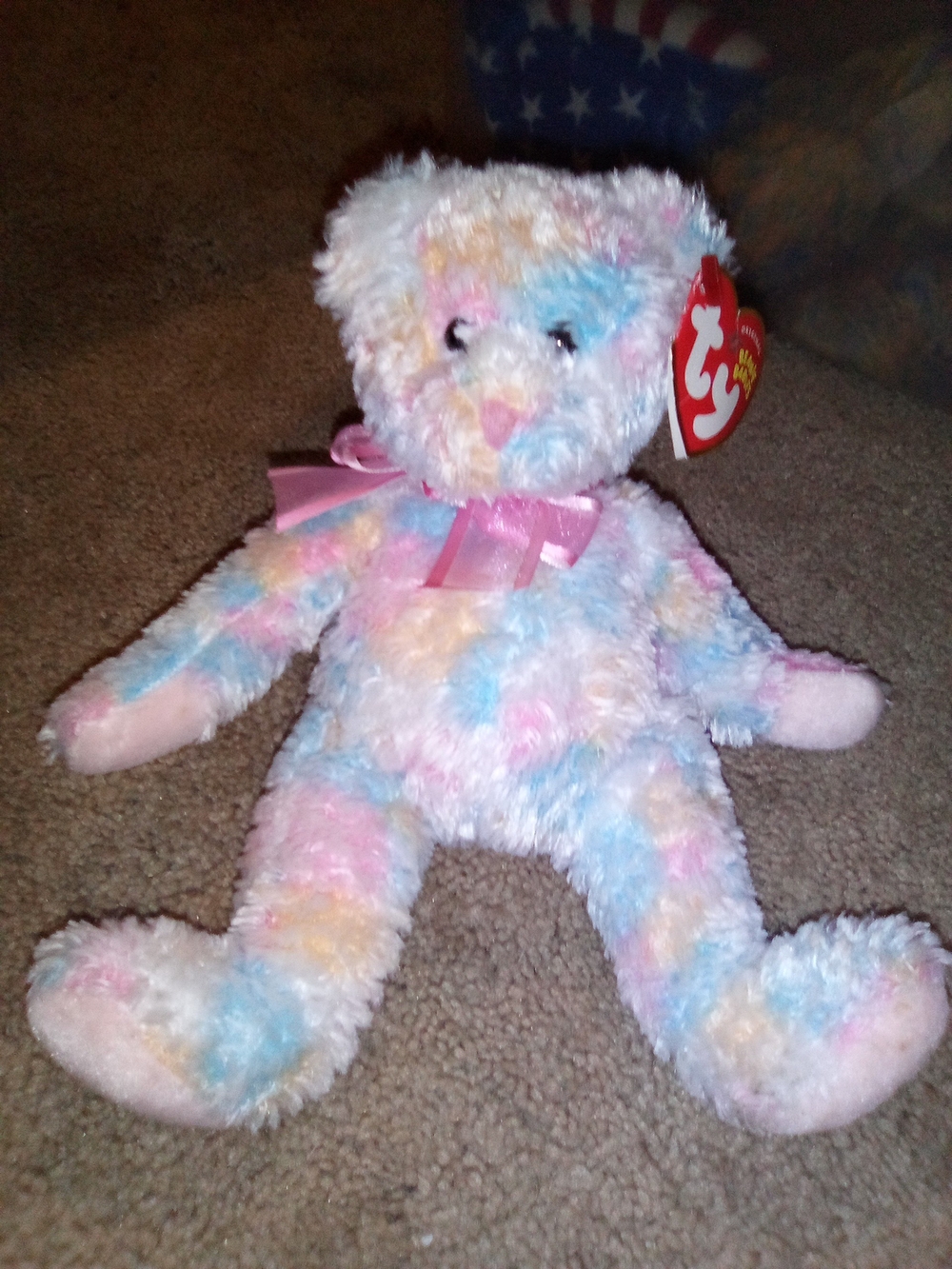 TY Pastel Rainbow Plush Bear with Pink Ribbon